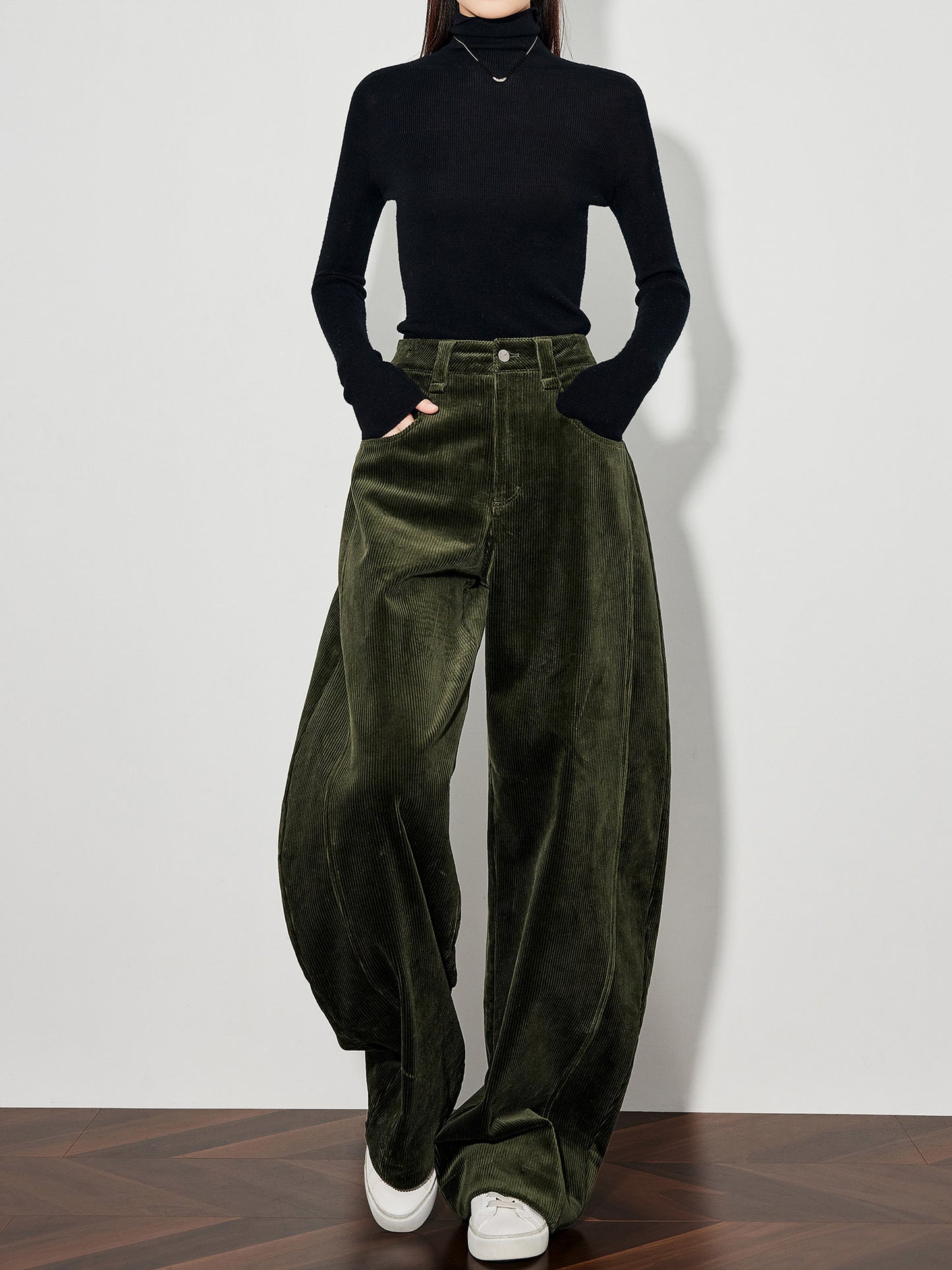 Womens Green Corduroy Casual Pants Wide-leg Style