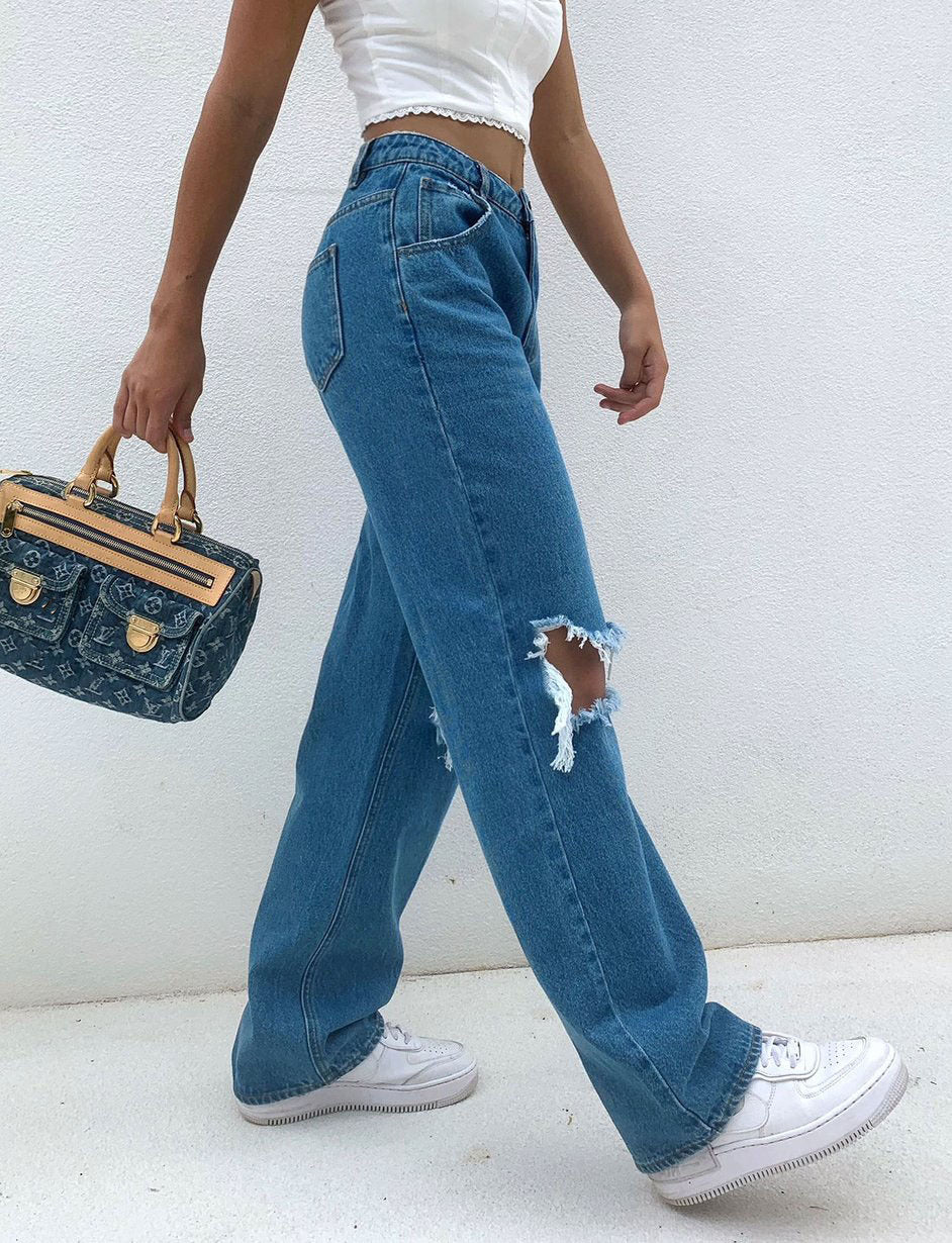 European And American Trend New High-waisted Loose Hole Wide-leg Women's Jeans
