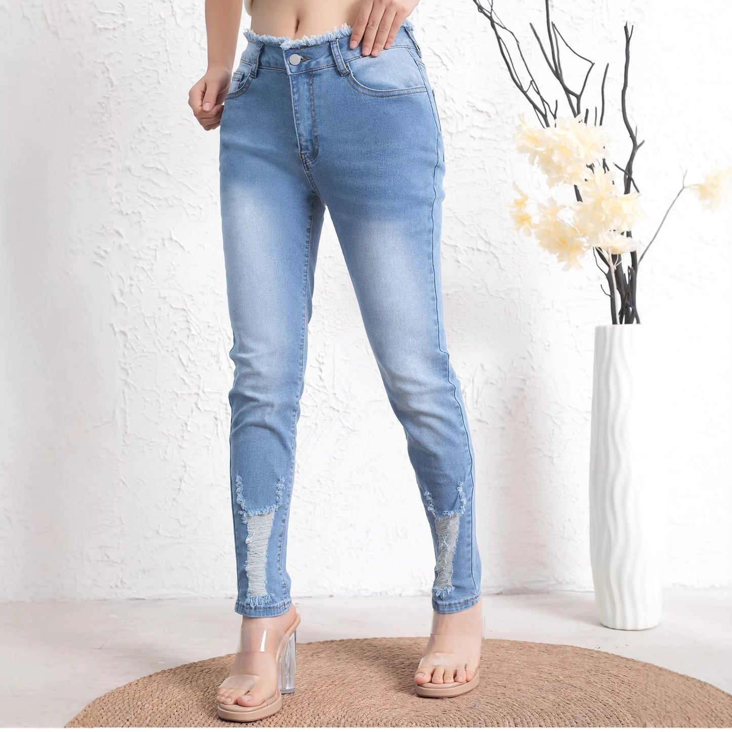 Retro Ripped Stretchjeans med Flossede Kanter