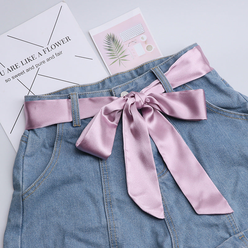 Fashion Solid Color Extra Long Wide Ribbon Belt With Skirt Decoration