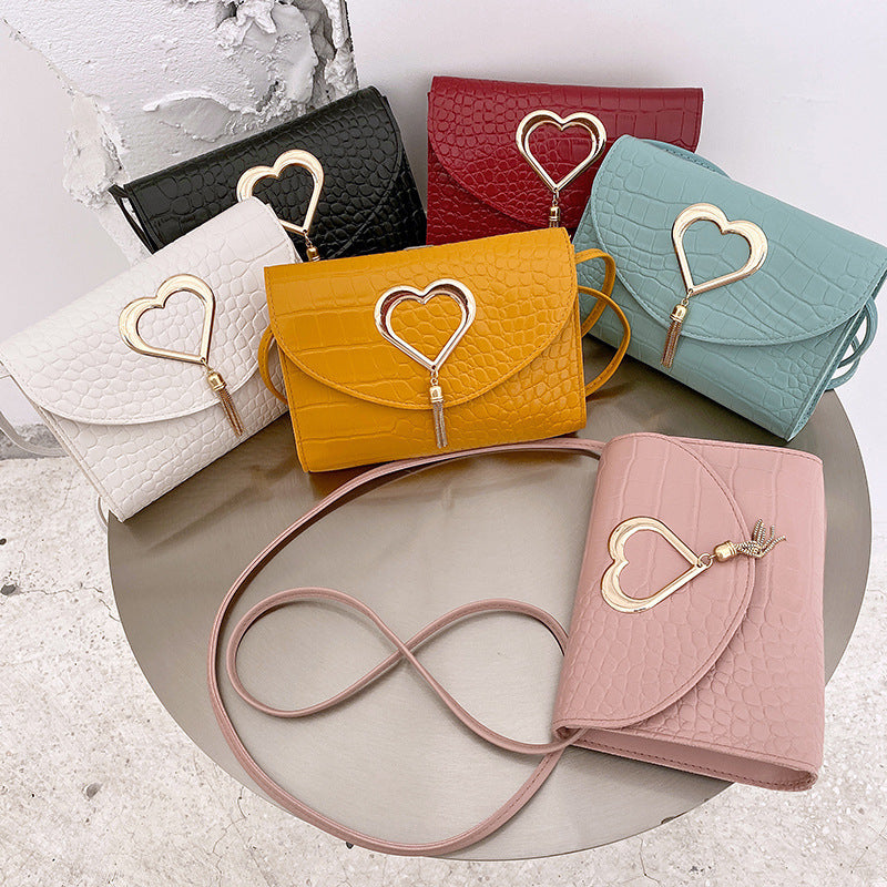 Heart-shaped Fringed Pattern Small Square Bag, One-shoulder Diagonal Candy Color Female Bag