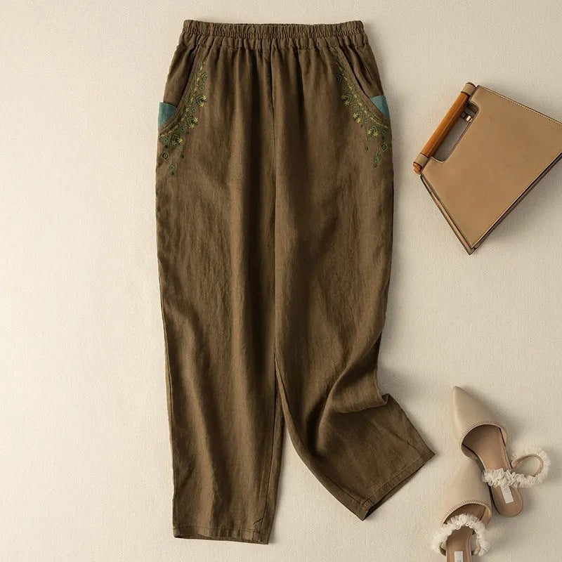 Cotton And Linen Embroidery Baggy Pants Pocket Loose All-matching