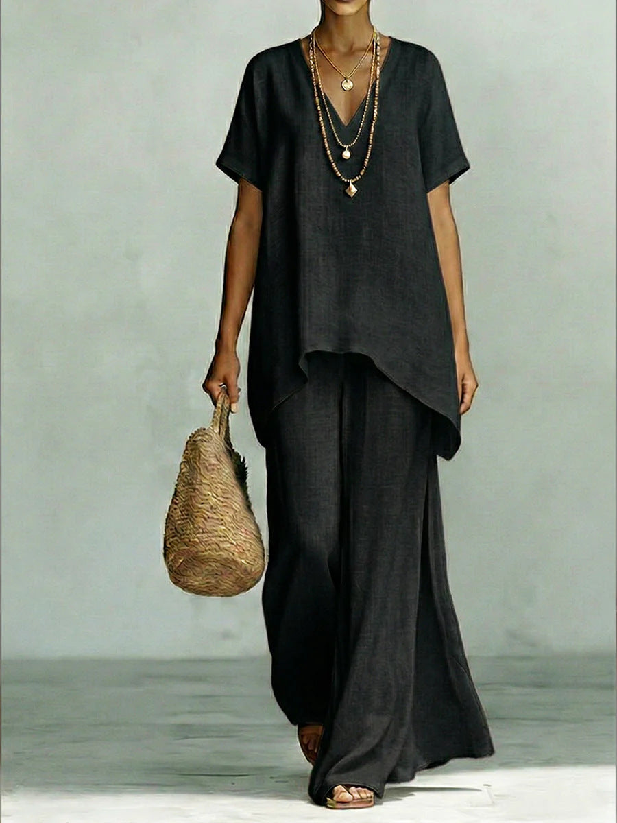 V-neck Short-sleeve Fashionable Loose Top And Wide-leg Pants Set