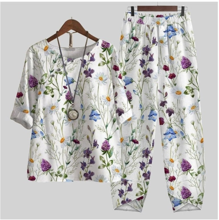 New Women's Five-quarter Sleeve Printed Top Two-piece Pants