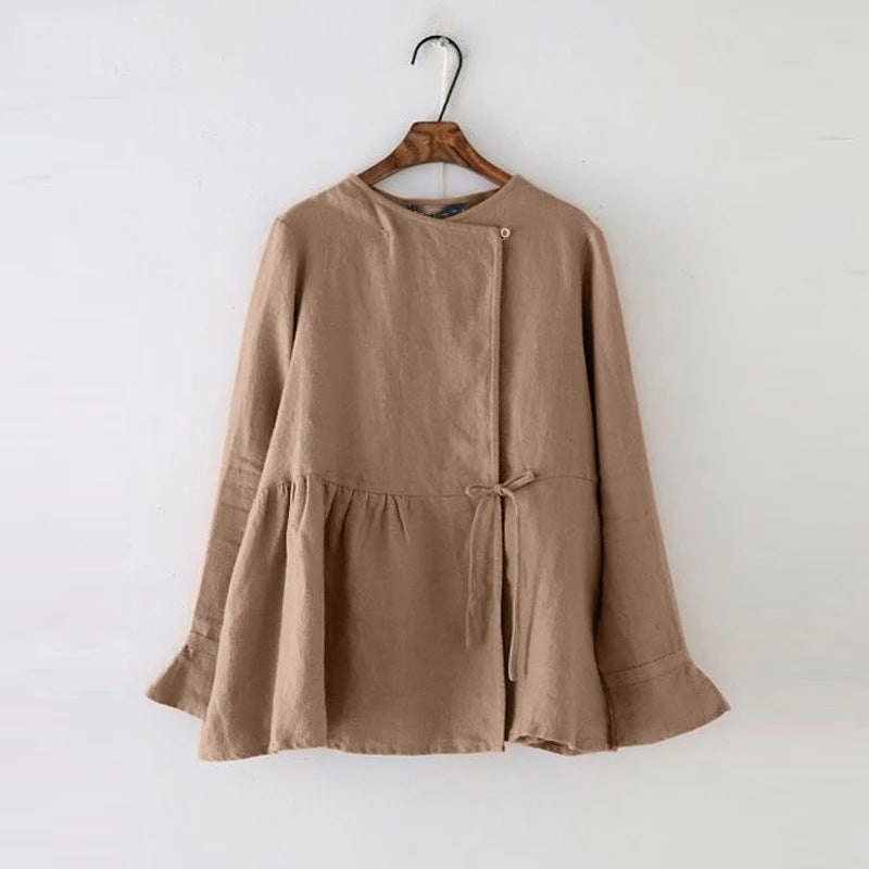 Womens Cotton Waist-Cinching Long-Sleeve Crew-Neck Button-Front Blouse With Ties
