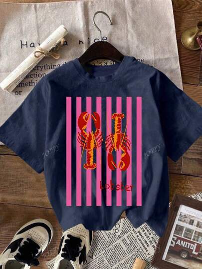 Casual Round Neck Short Sleeves Lobster Print Gra