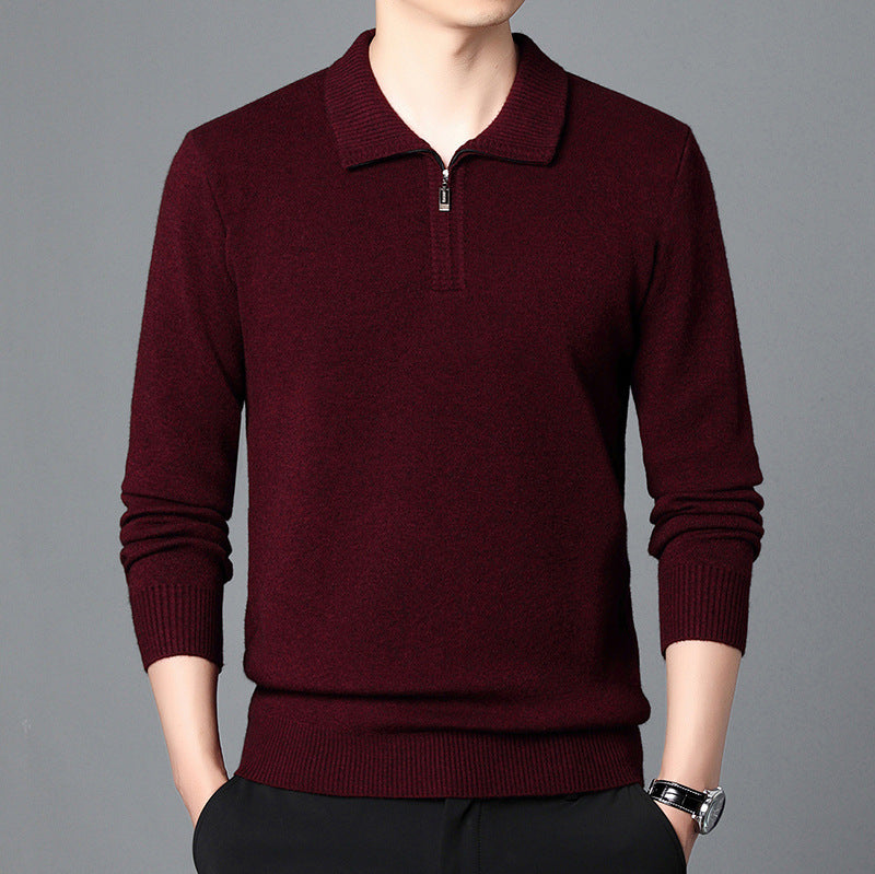 T-shirt Trendy High-end Men's Lapel Pullover Long Sleeve Knitted Sweater 100 Wool