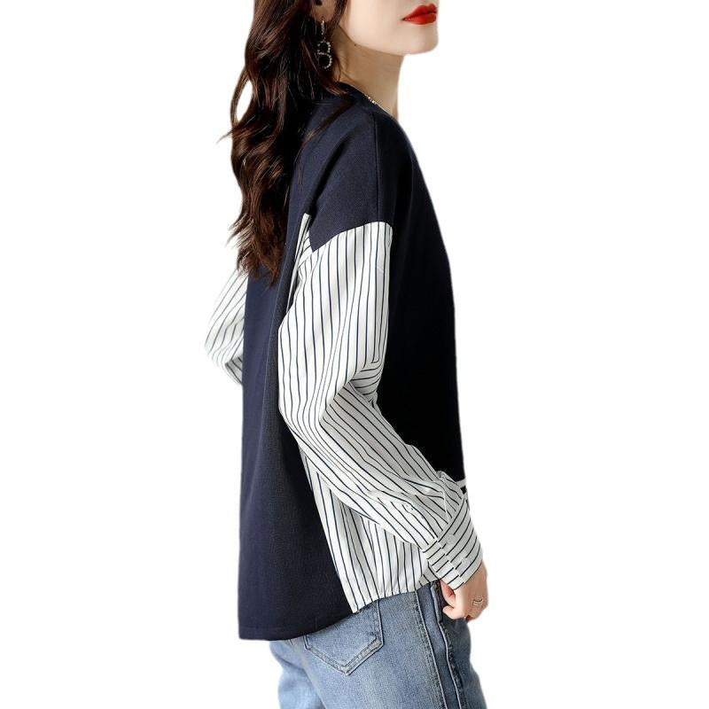 Slimming Stripes False Two-piece Patchwork Shirt All-matching Graceful Women's Simple Round Neck Sweater