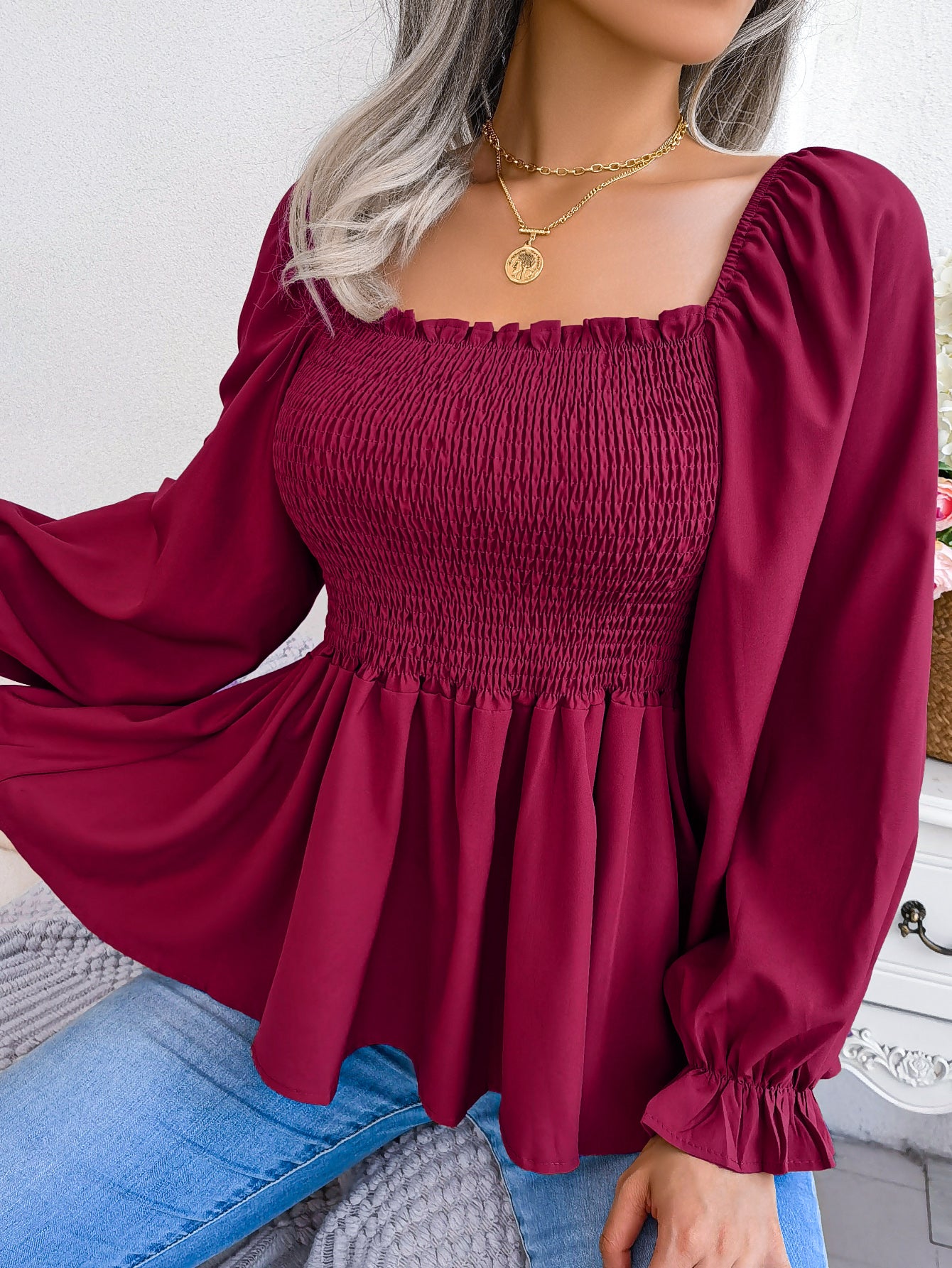 Women's Casual Ruffle Trim Square Neck Long Sleeve Chiffon Top