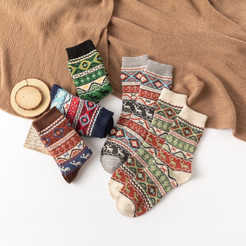 Women's Mid Tube Stockings Diamond Lattice Flat Deer Ethnic Style