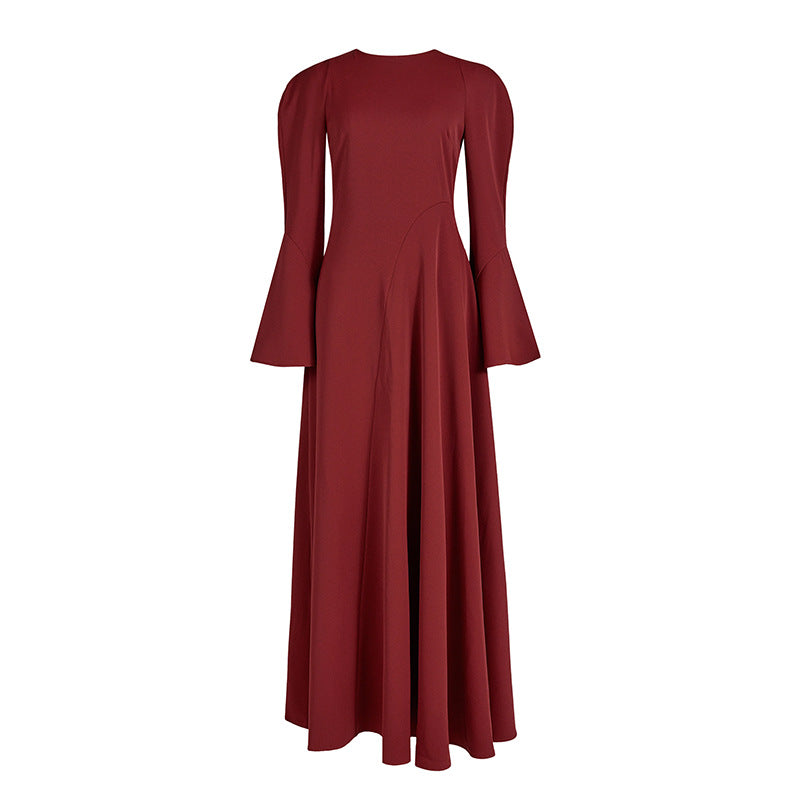 Round-neck Long-sleeve Minimalist Red Maxi Dress With A Fitted Waist And Panel Detailing