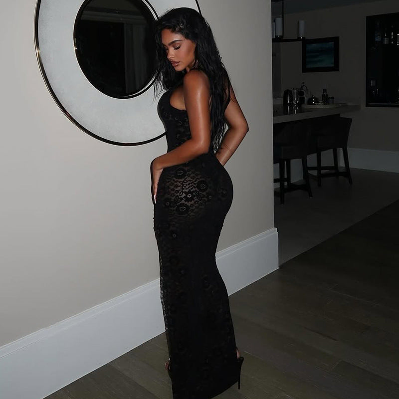 Sheer Lace Backless Skirt Dress