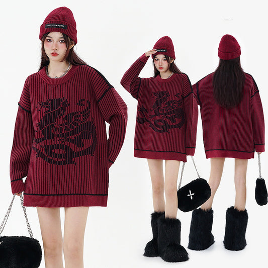 Vintage Vertical Stripes Contrast Color Jacquard Knitted Long Sleeve