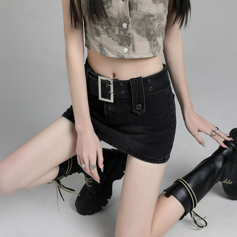 line Figure-flattering Vintage-style Lined Blue Denim Skirt For Women
