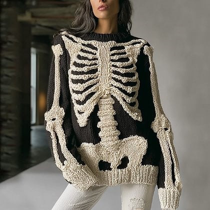 Womens Halloween Top Crew-neck Sweater With Faux Fur Details