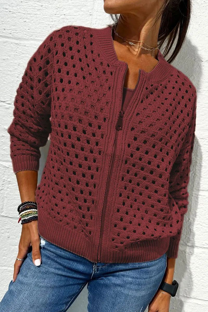 Fashion Hollow Knitted Jacket Zip-up Long-sleeved Tops Women's Clothing