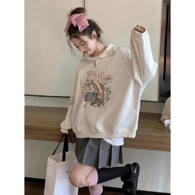 Halv Lynlås Sweater Løs og Afslappet Polo Krave Top