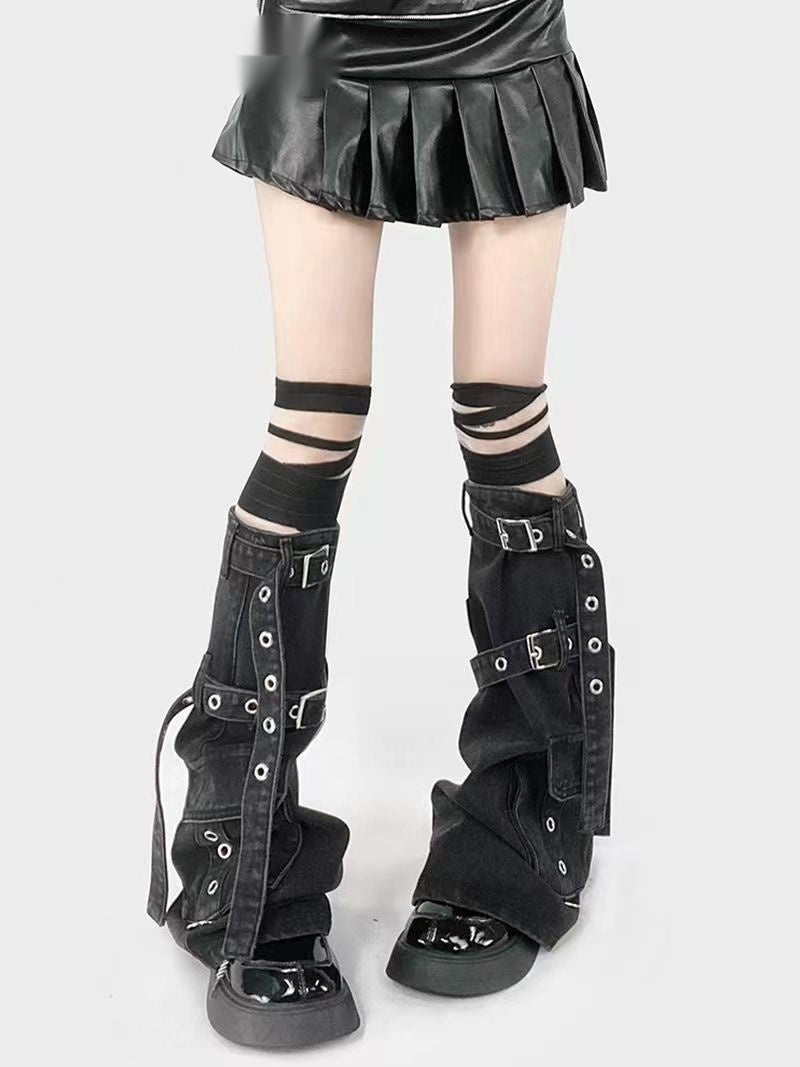Metal Buckle Strap Workwear With Pocket Denim Leg Warmer