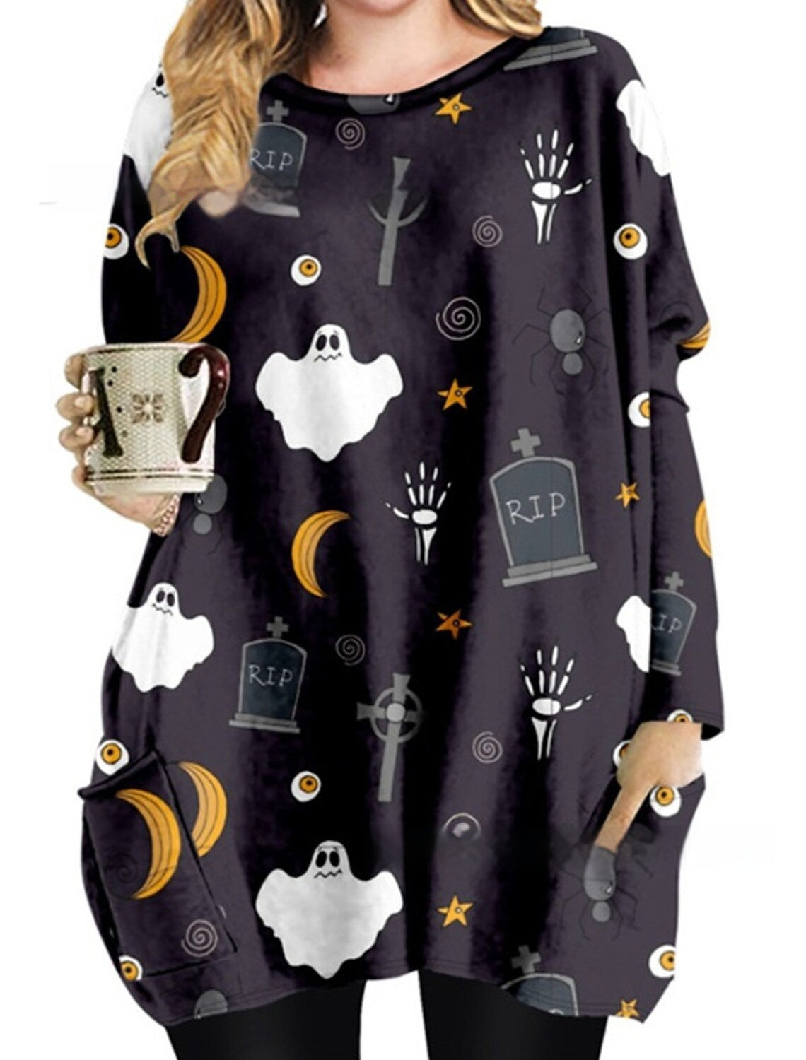 Women's Round Neck Mid-length Long-sleeved T-shirt With Pockets