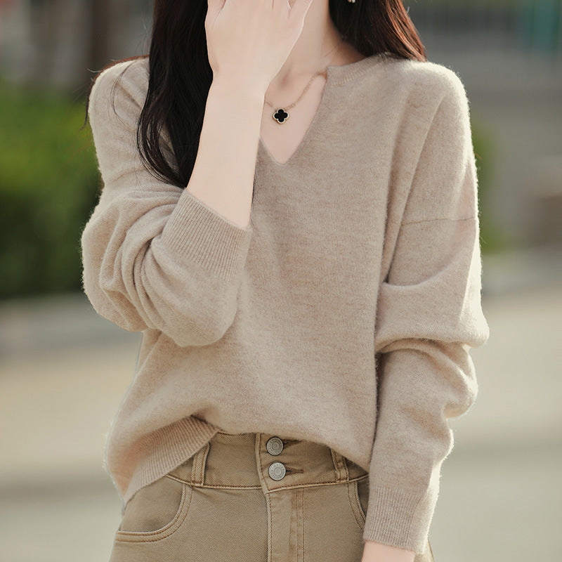 Women's Wool Sweater V-neck Drop-shoulder Pullover