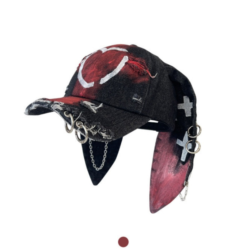 Rabbit-ear Cap With A Snapback Brim Denim-washed With Graffiti Design