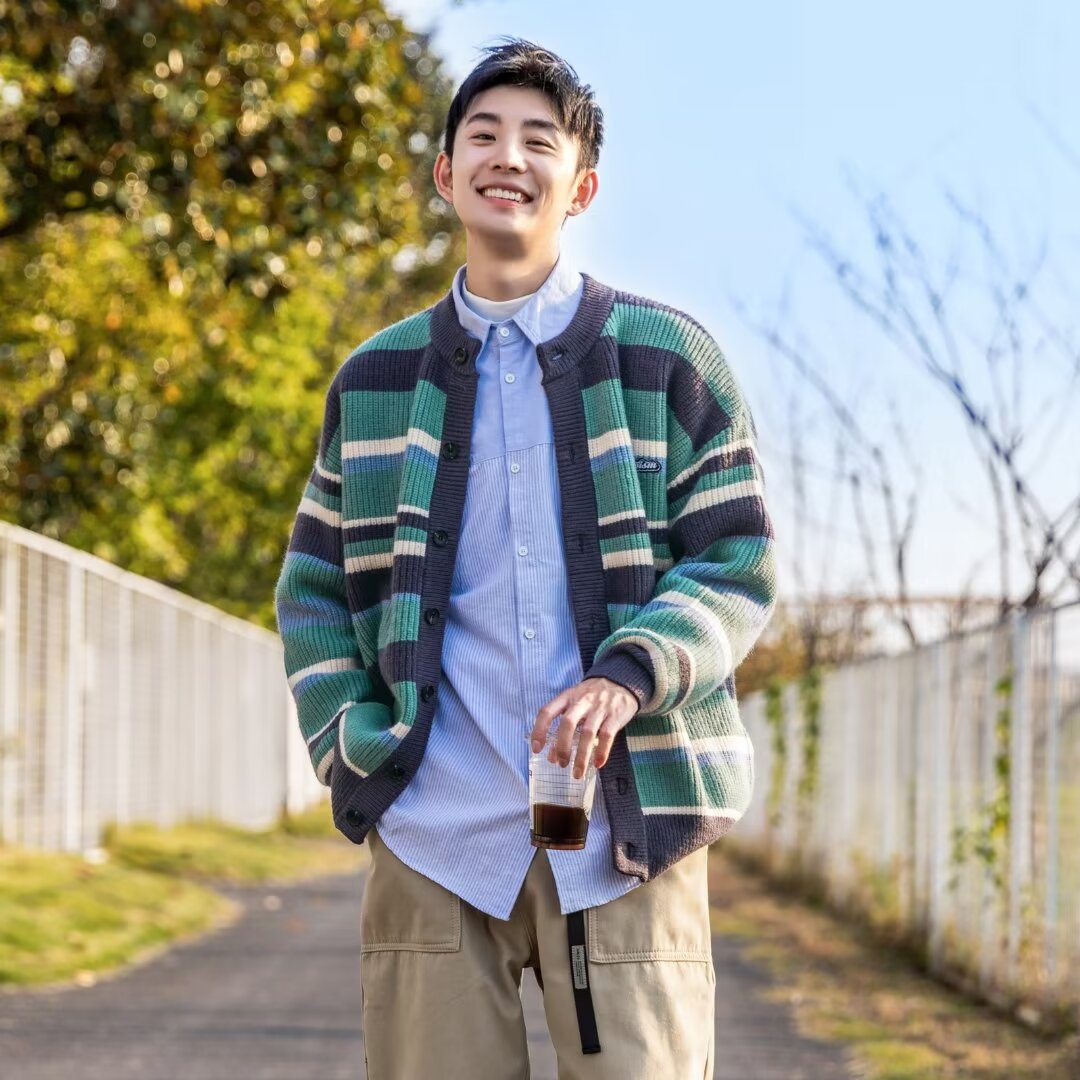 Mens Striped Color-Block Sporty Sweater Jacket