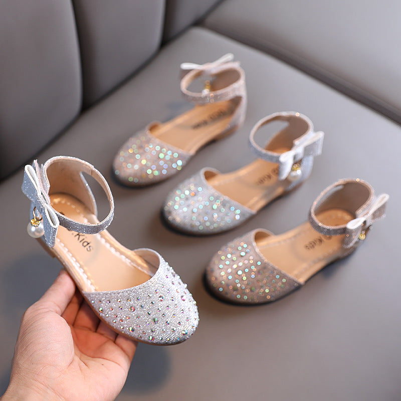 Children's Fashion Simple Pearl Rhinestone Leather Shoes