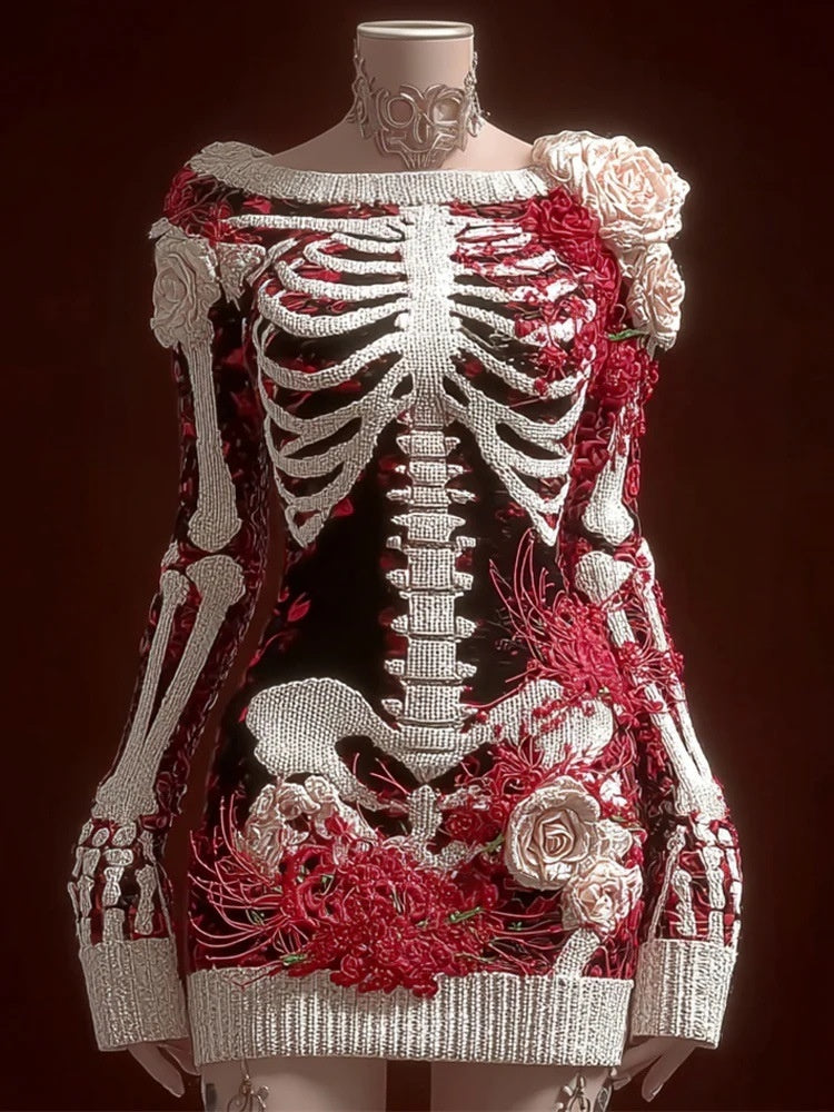 Fashionable Crew-Neck Sweater Dress With A Halloween Skeleton Print