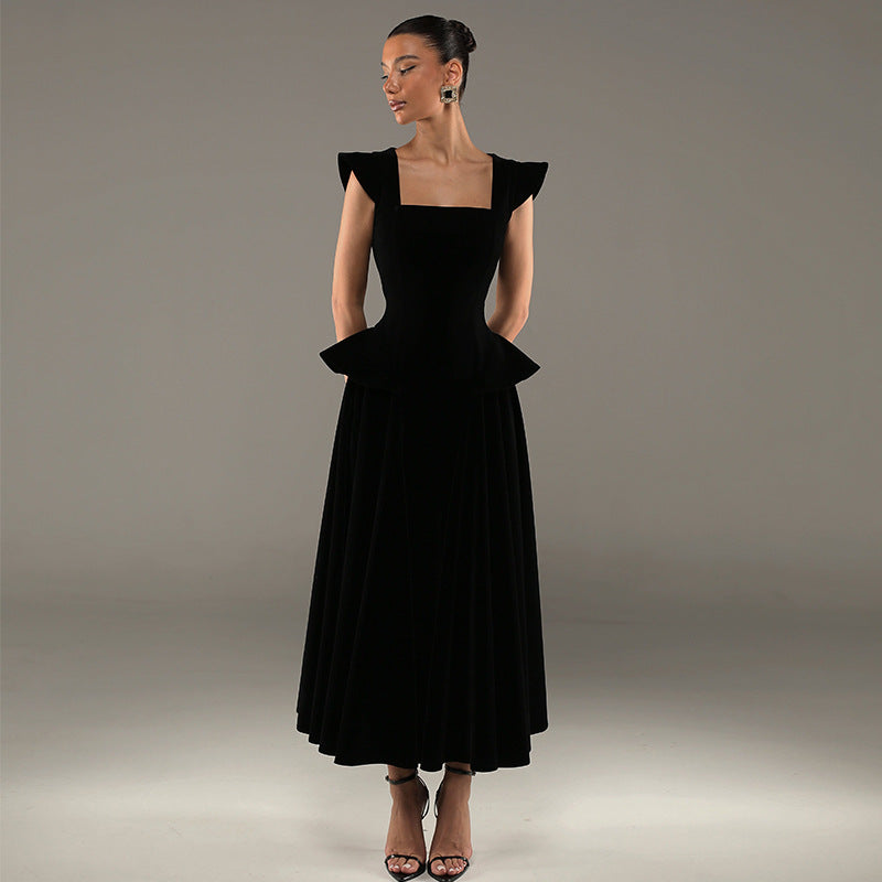 Womens Sexy Square-Neck Slim-Fit Midi Dress