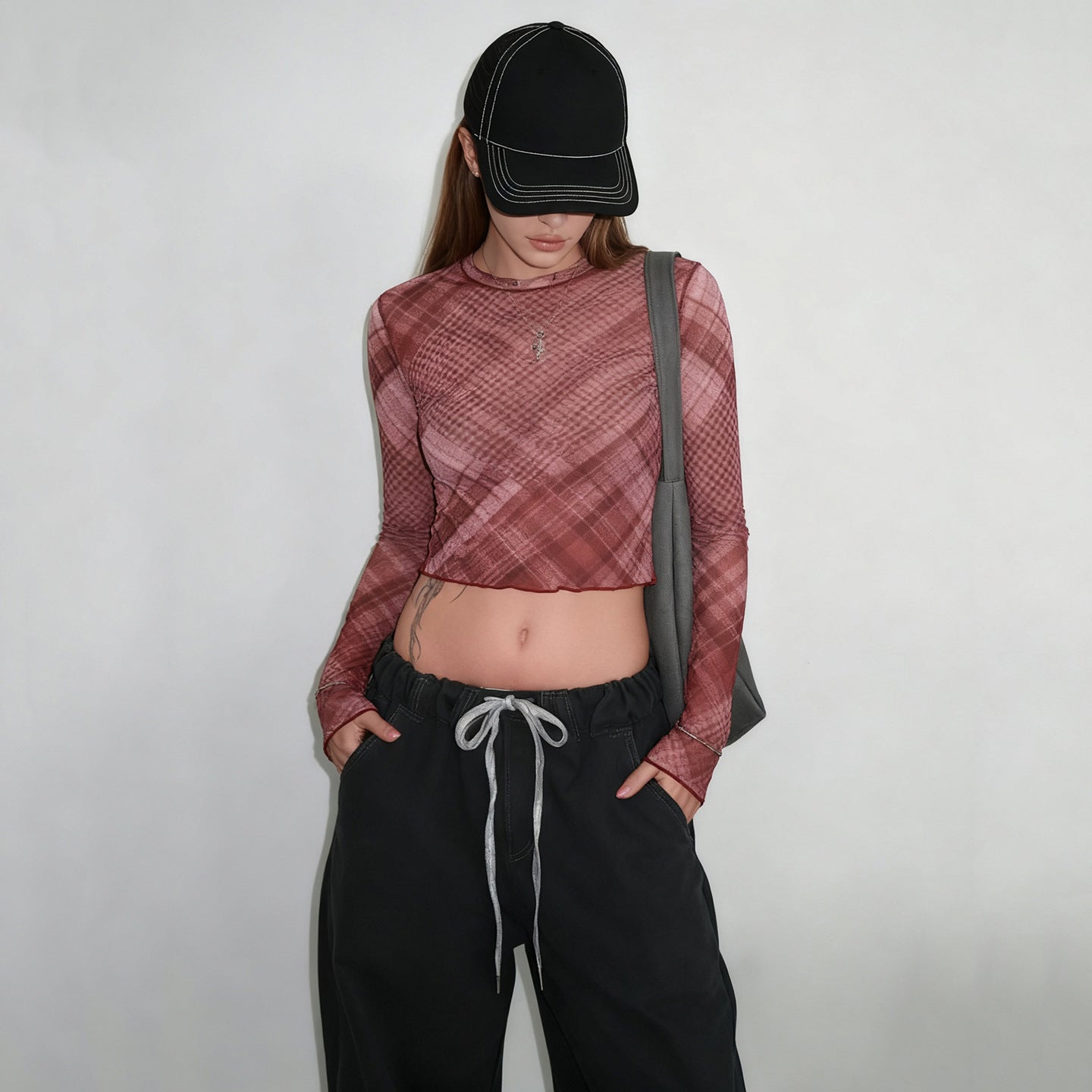 Contrast Color Check Mesh Outerwear Lightweight See-through Sexy Top