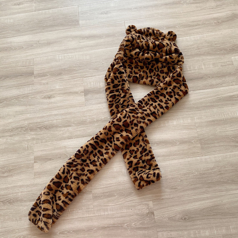 Bear Ear Hat Scarf All-in-one Warm Keeping Leopard Hat
