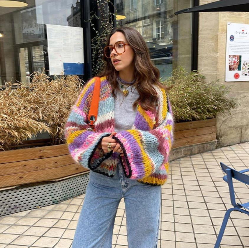 Women's Striped Long Sleeve Rainbow Plaid Cardigan Sweater