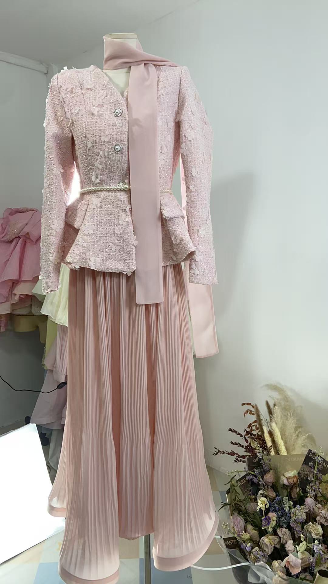 Chanel-style Pearl And Butterfly Jacket With Pleated Skirt Set
