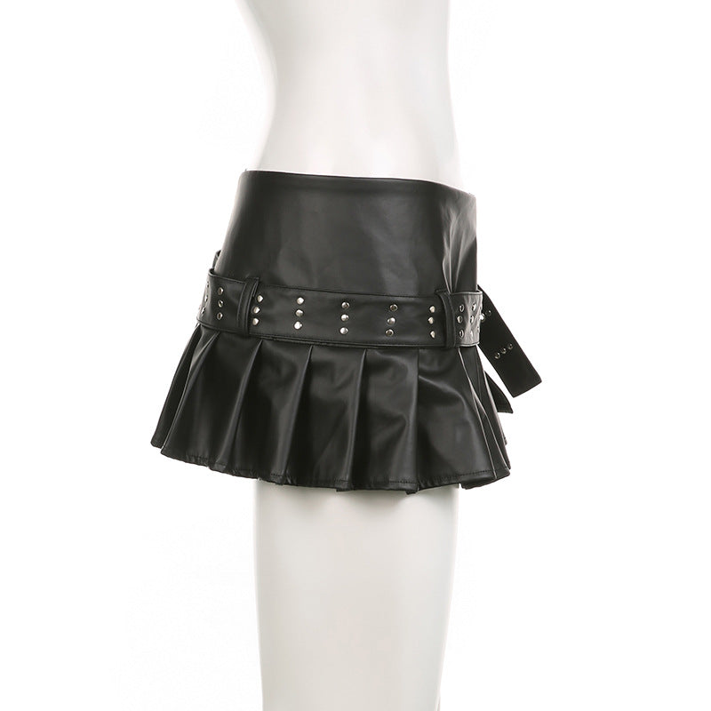 Punk Hot Girl Rivet Belt Split Leather Skirt Low Waist A- Line Style Pleated Skirt