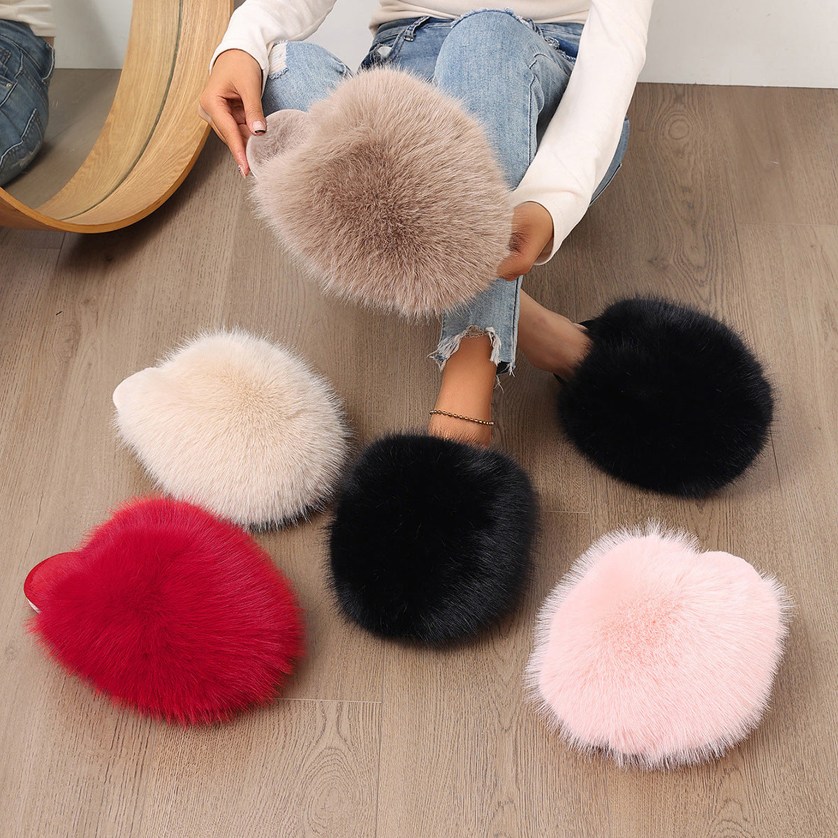 Kvinde Plus-size Ensfarvede Fluffy Store Pelsede Hjemmesko