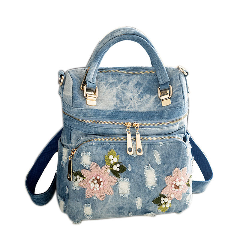 Frayed Flower Denim Backpack Large Capacity Multifunctional Hand Bill Shoulder Bag