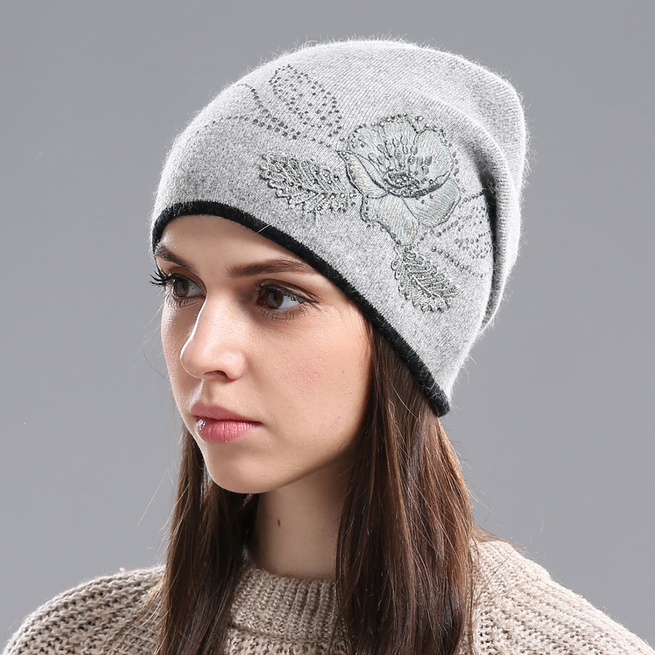 Winter Hat Sleeve Cap Thick Wool Women's Warm With Diamond