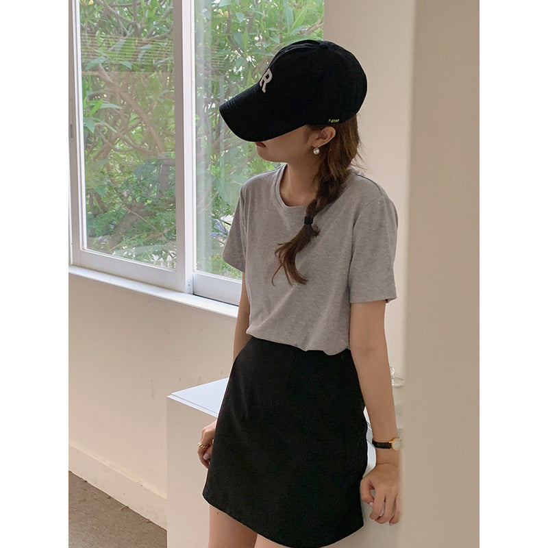 Women's Solid Color Round Neck Loose And Slim Short Sleeve T-shirt