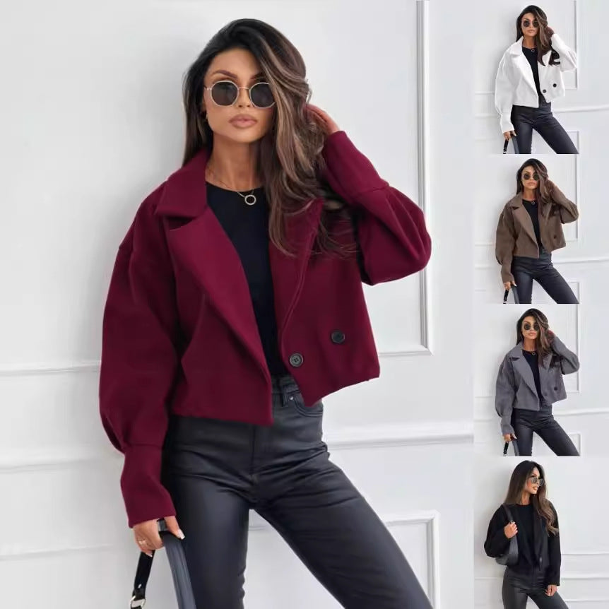 Fashionable All-match Suit Collar Short Woolen Coat
