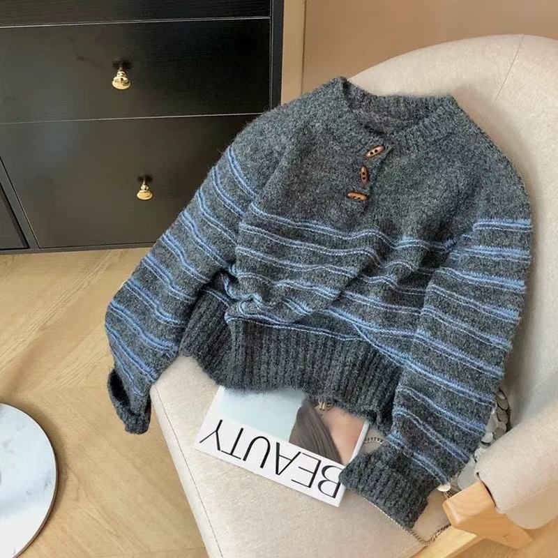 Women's Horn Button Striped Loose Preppy Style Sweater