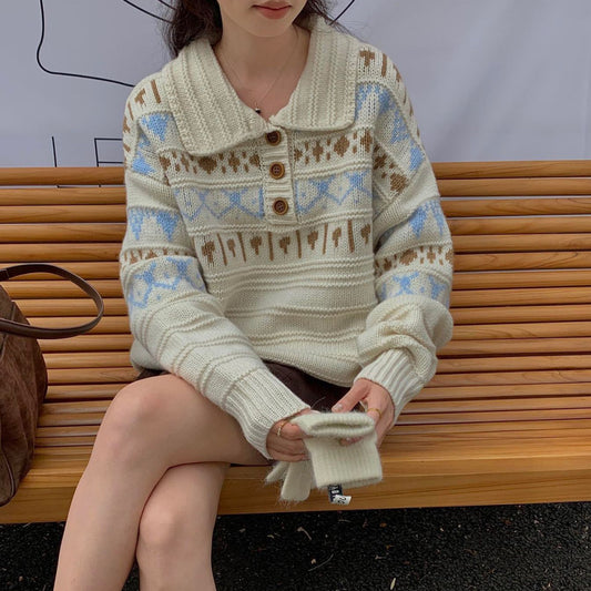 Fair Isle Jacquard Soft Long Sleeve Knit Sweater Coat