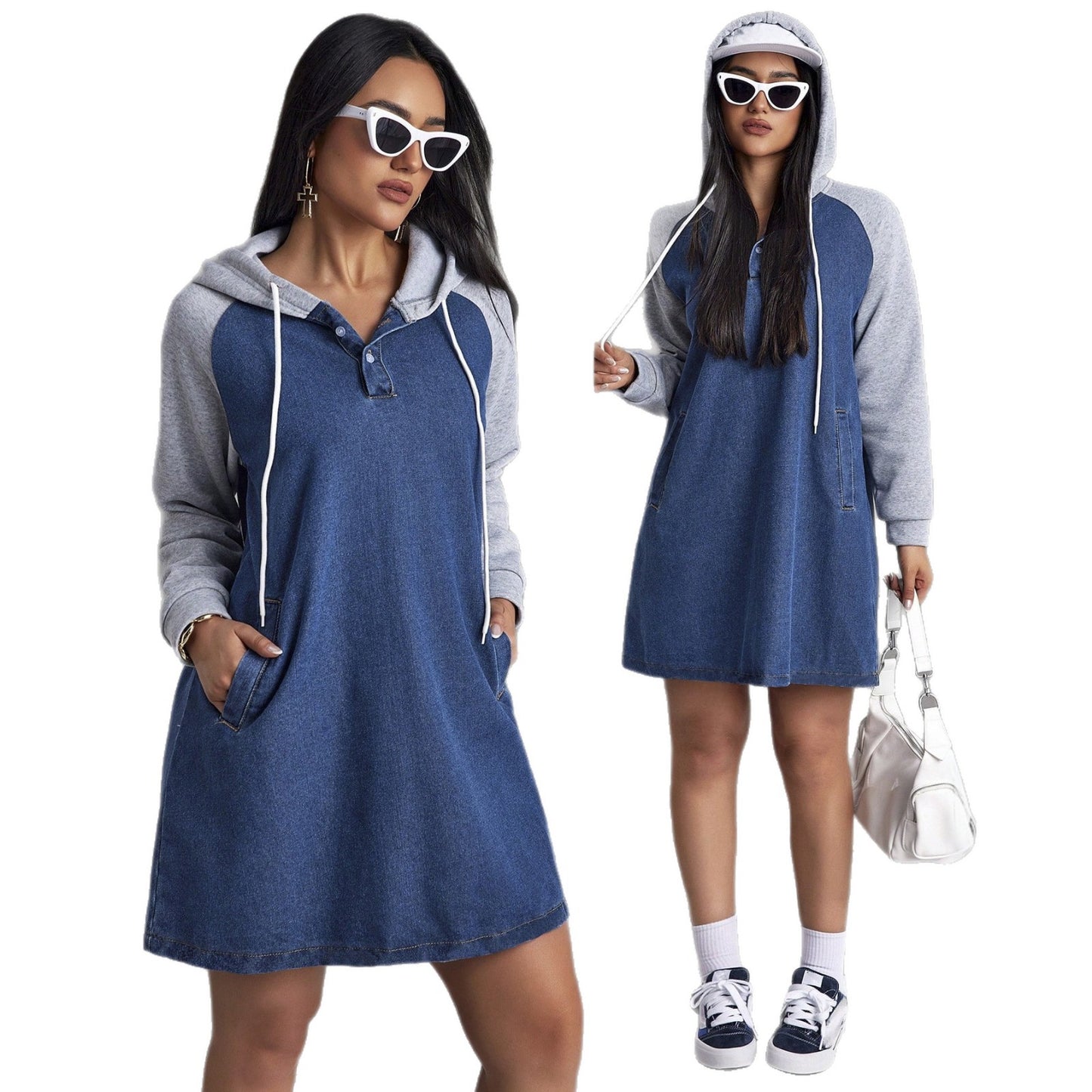 Womens Casual Patchwork Drawstring Hooded Denim Dress