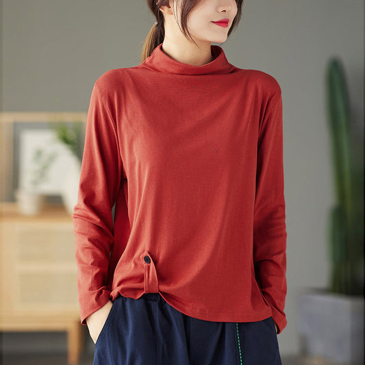 Womens Retro Half-Neck Button-Down Long-Sleeve T-Shirt