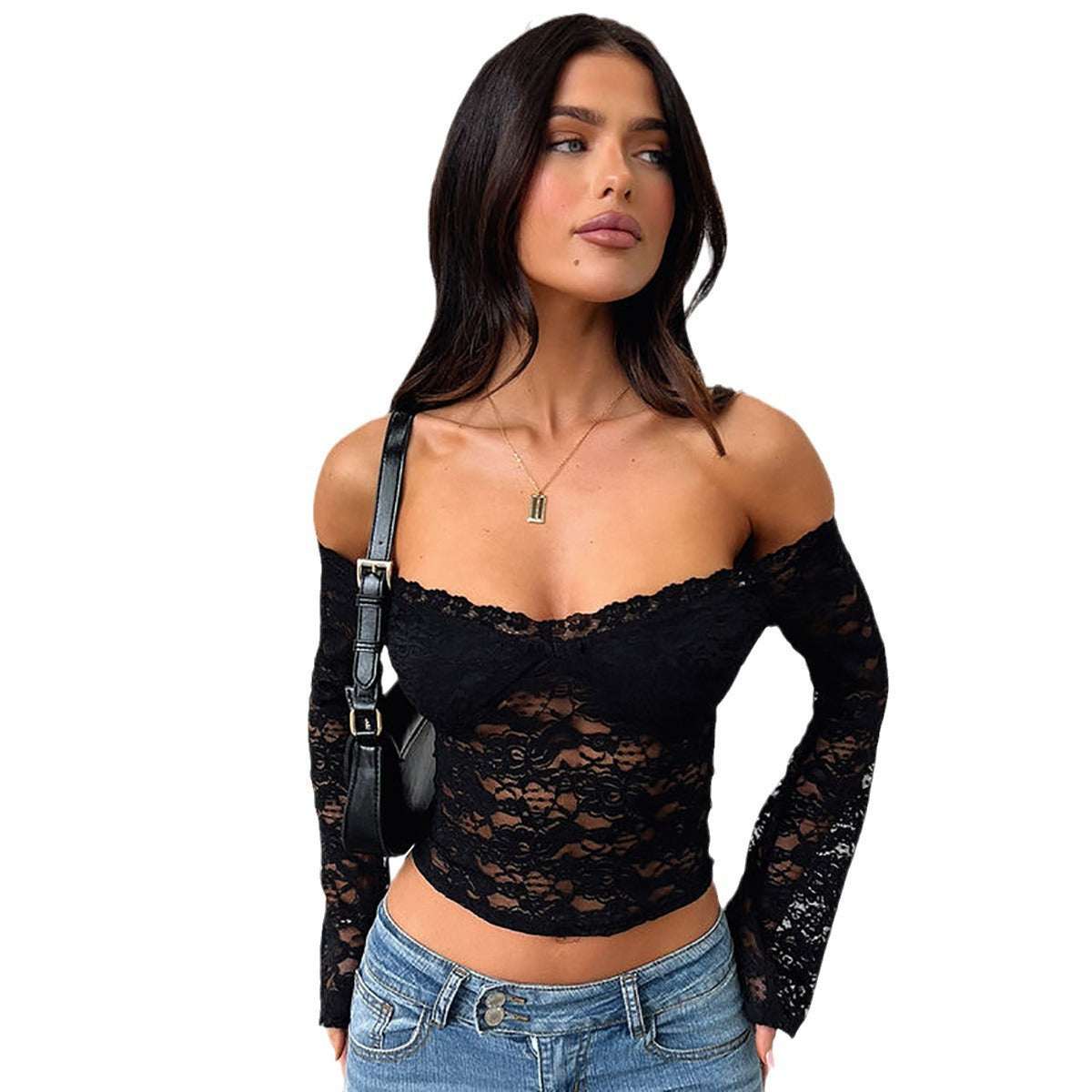 Womens Stylish And Sexy Off-shoulder Long-sleeve Lace Top