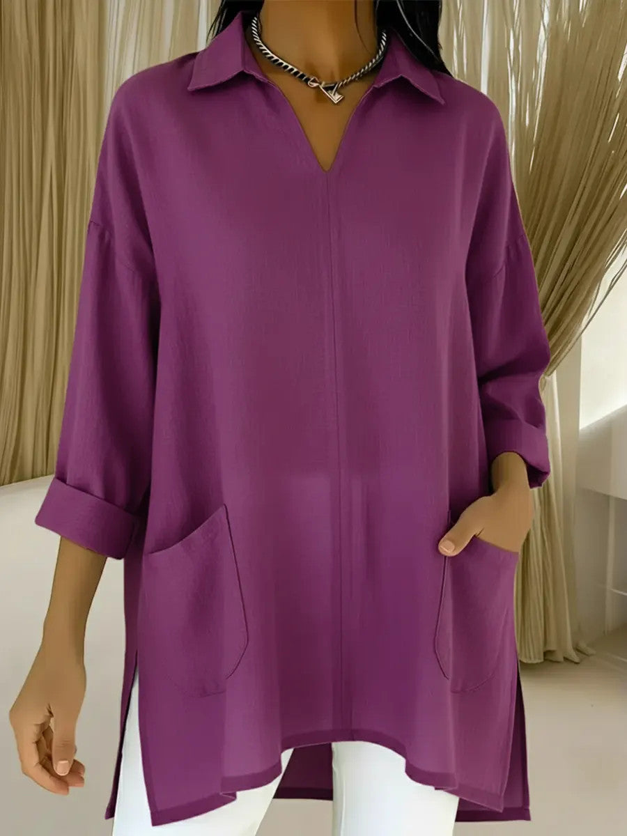 Womens Fashion Solid-color Pocket Shirt With A Loose-fitting Collar