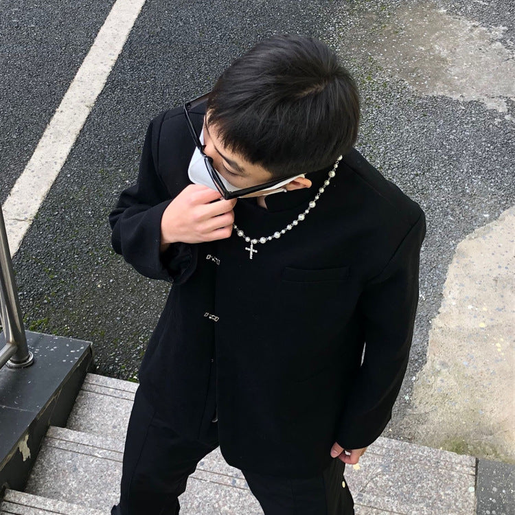 Retro Chinese Buckle Suit Oblique Placket Stand Collar Jacket