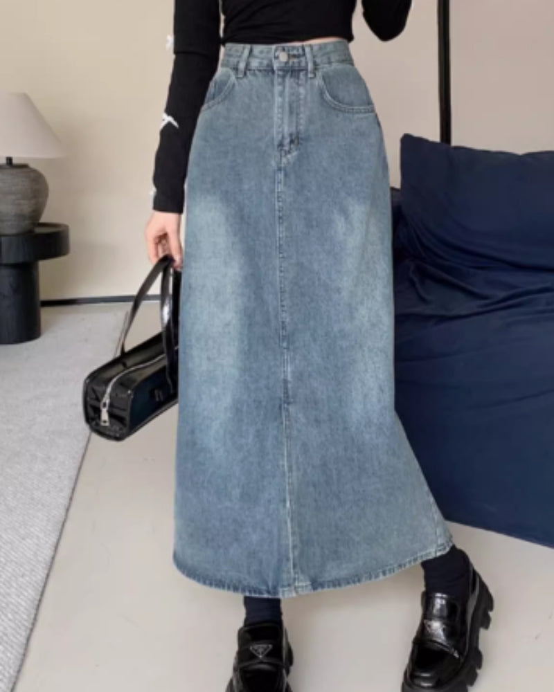 Hong Kong Style Retro Thin Denim Skirt, Mid Length For Women