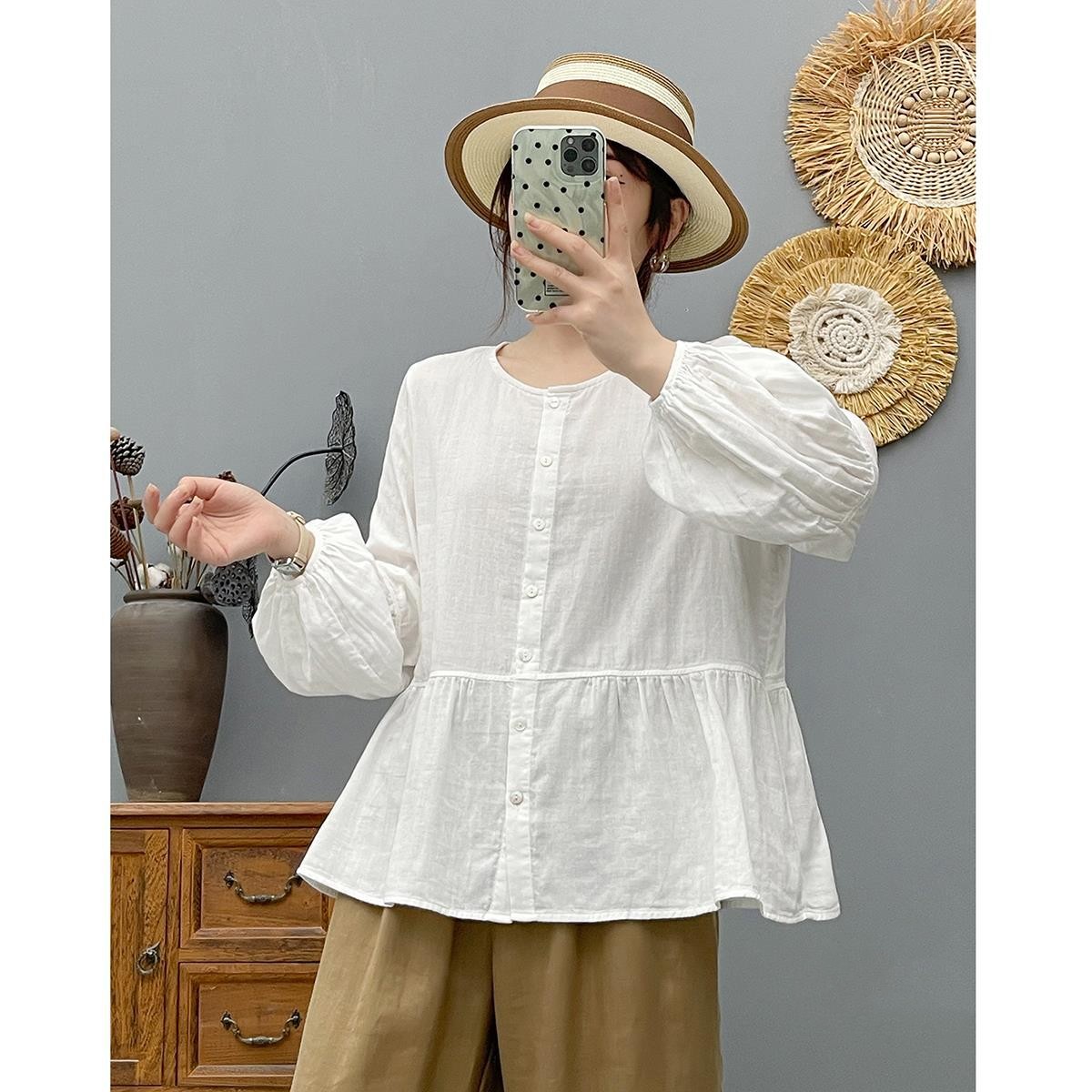 Women's Loose Double-layer Cotton Yarn Top Round Neck