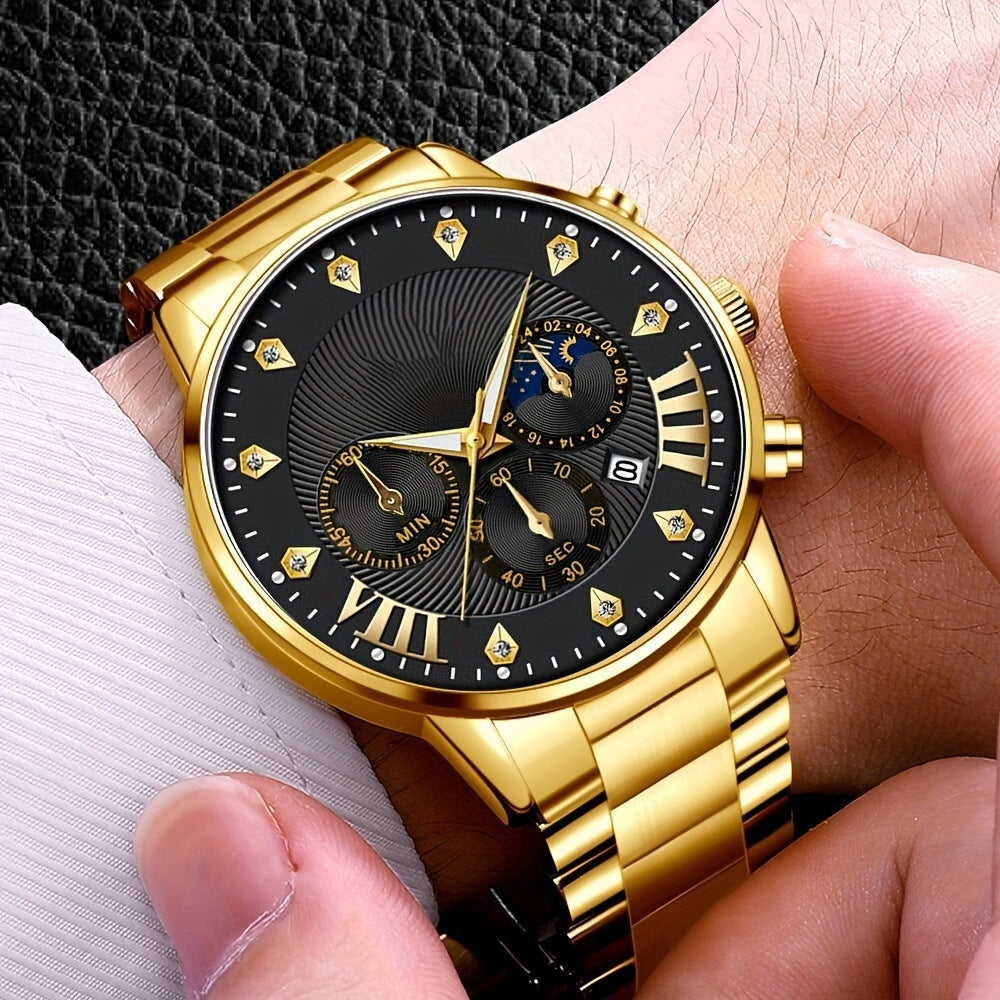 Diamond Men's Steel Strap Watch Sun Moon Star Calendar Quartz