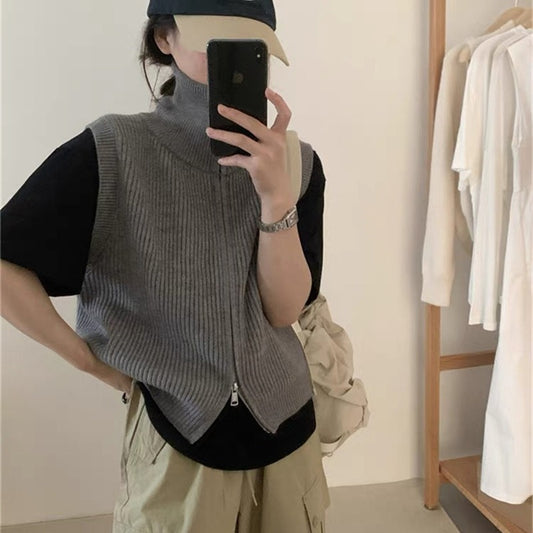 Simple Turtleneck Double Zipper Knitted Cardigan Vest
